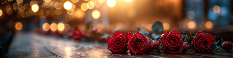 Romantic Valentine's Day celebration with a bouquet of red roses on a wooden table. Elegant panoramic header for websites with space for text. Horizontal still life. Bokeh effect. Love symbol banner - obrazy, fototapety, plakaty