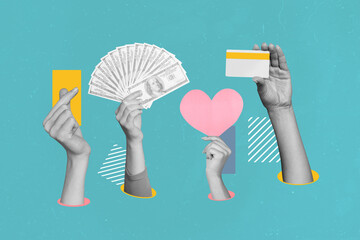 Composite collage image of hands hold money fan credit card heart gesture finance shop donate weird...