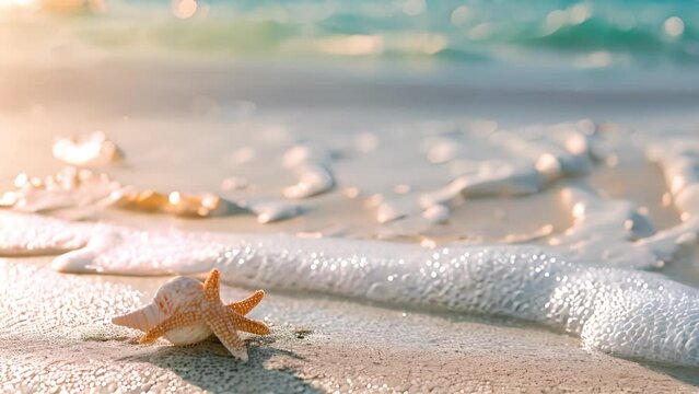 Sea coast with sand, ocean wave, shells and star fish on tropical island. beach with sandy seaside, blue transparent water surface. Paradise island, exotic tropical mp4