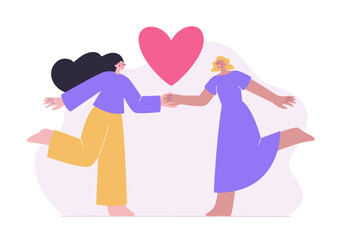 Happy lesbian couple in love holding hands. Romantic on February 14. Valentine's day vector illustration