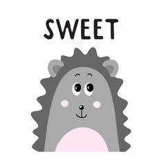 Seamless pattern and illustration for kid with hedgehog and text Sweet. Cute design background, baby clothes, room birthday decor, t-shirt print, wear fashion, invitation card