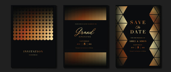 Luxury invitation card background vector. Golden elegant geometric shape pattern on dark background. Premium design illustration for gala card, grand opening, party invitation, wedding.