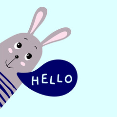 Illustration for kid with funny rabbit says hello. Cute design background, baby clothes, room birthday decor, t-shirt print, wear fashion, invitation card