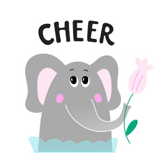 Seamless pattern and illustration for kid with elephant and text Cheer. Cute design background, baby clothes, room birthday decor, t-shirt print, wear fashion, invitation card