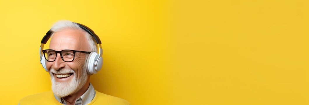Portrait of senior man listening to music with headphones on yellow background. Hipster. Music Streaming Service Concept with Copy Space.
