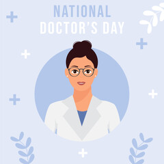 National doctor day banner, poster, card with young woman medic.