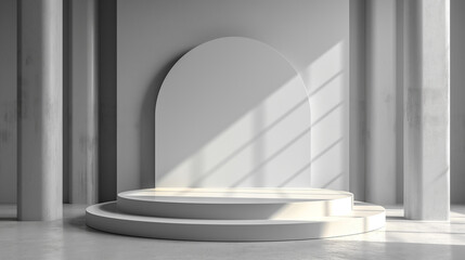 Fototapeta premium White round podium with arch and shadow on concrete wall background. Abstract white room.