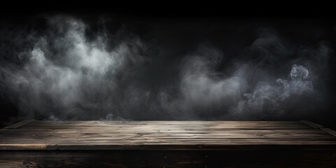 Dark background with smoking old wooden table top. - obrazy, fototapety, plakaty