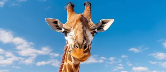 Close up of female Southern giraffe Giraffa giraffa angolensis against a blue sky looking down at the camera.