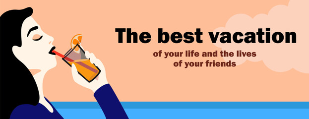 Web banner with young woman drinking orange juice cocktail on sea background vector vacation