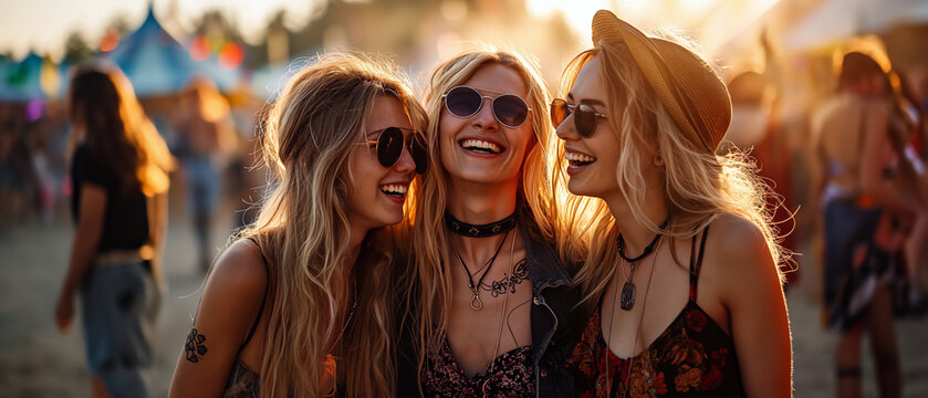 Festive Harmony: Young Women Celebrating Music Festival Bliss at Sunset