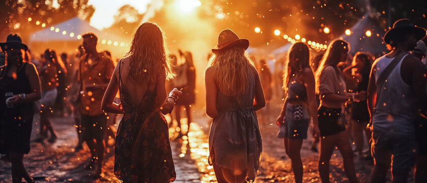 Festive Harmony: Young Women Celebrating Music Festival Bliss at Sunset