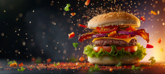 Beef burger with flying ingredients on a black background