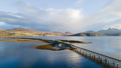 Kyle of Tongue Causeway taken from a drone with Beinn Stumanadh mountain in the background