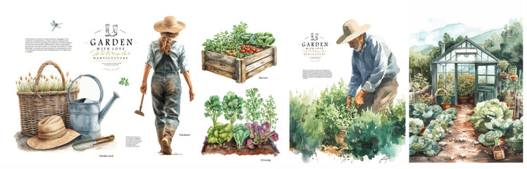 Garden, gardening and horticulture. Watercolor realistic illustration of a gardener at work, greenhouse, garden beds, basket with gardening tools and logo for poster, card or brochure. Agriculture - 719026609