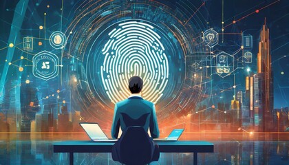 2fa authentication login or cybersecurity fingerprint and secure online connection of professional trading or financial personal electronic banking account, wide futuristic banner design - obrazy, fototapety, plakaty