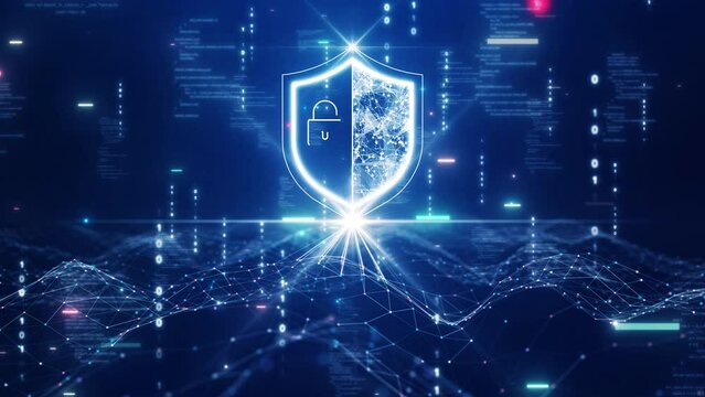 Cyber security technology concept shield protection connection big data abstract binary code dark blue background
