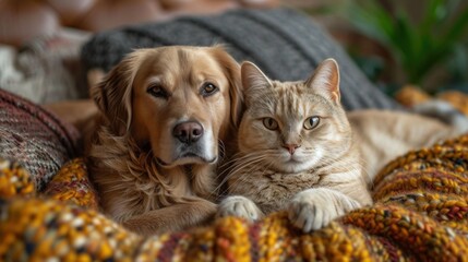 Naklejka premium cat and puppy sleeping on the sofa
