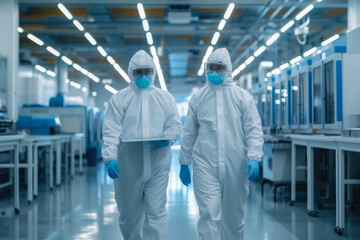Two Engineers/ Scientists in Hazmat Sterile Suits Walking Through Technologically Advanced Factory/ Laboratory. Clean High-Tech Environment with CNC Machinery. - obrazy, fototapety, plakaty