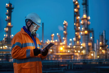 Engineer wearing safety uniform and helmet looking at tablet in hand In the background is the largest oil refinery, with beautiful evening sunlight.