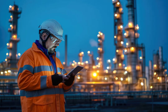 Engineer wearing safety uniform and helmet looking at tablet in hand In the background is the largest oil refinery, with beautiful evening sunlight. - Powered by Adobe