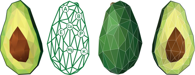 Avocado icons set. Bright green whole fruit or vegetables, half, slices, with a large seed. Food for a healthy diet.