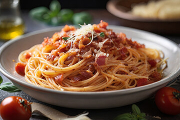 Indulge in the rich flavors of Spaghetti alla Amatriciana, featuring savory pancetta bacon, ripe tomatoes, and the perfect touch of pecorino cheese. A taste of  culinary perfection.