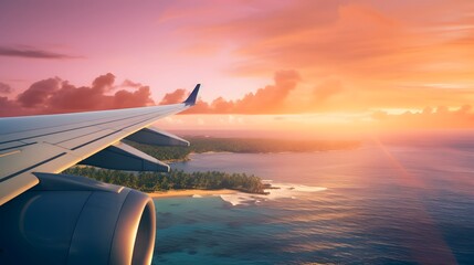 Airplane wing flying plane jet over tropical islands in ocean, view from window at sunset Airplane...