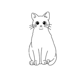 Vector isolated one single cute cartoon cat kitten sitting front view full body colorless black and white contour line easy drawing