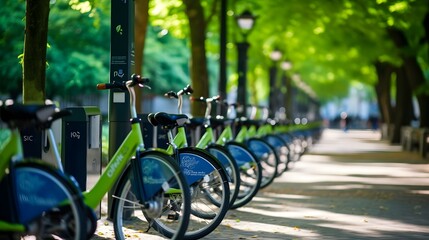Bicycle sharing systems. Bicycle for rent business. Bicycle for city tour at bike parking station. Eco-friendly transport. Urban economy public transport. Bike station in the park. Healthy lifestyle. - Powered by Adobe