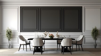 Black chairs and wooden dining table against of classic white paneling wall. Interior design of modern dining room. 3d rendering.
