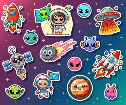 Set of cosmic cartoon stickers for childrens. Astronaut character, spaceships, cosmonaut boy and cute aliens isolated on galaxy background. Colorful icons in funny style for print. Vector illustration