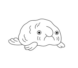 Vector isolated one single cute cartoon sad ugly fish with big nose blobfish on the bottom colorless black and white contour line easy drawing