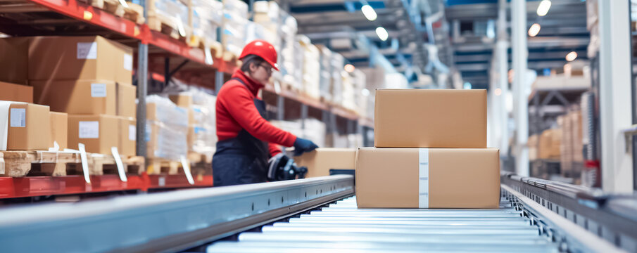 des colis sur un tapis roulant et une pr&eacute;paratrice de commande dans un entrep&ocirc;t logistique