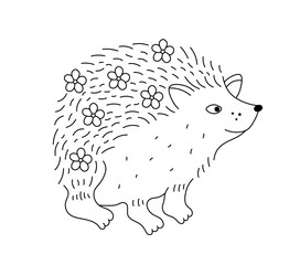 Vector isolated one single cute cartoon hedgehog with flowers on needles colorless black and white contour line easy drawing