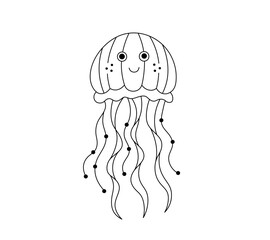 Vector isolated one single cute cartoon jellyfish with long tentacles colorless black and white contour line easy drawing
