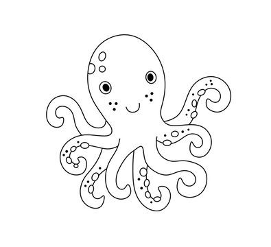 Vector isolated one single cute cartoon octopus with long tentacles colorless black and white contour line easy drawing