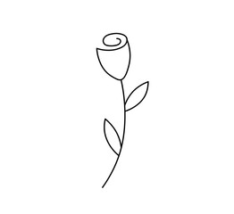 Vector isolated one single rose flower on long stem with leaves colorless black and white contour line easy drawing