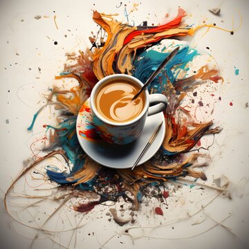 A vibrant composition emerges as coffee intertwines with paintbrushes and notebooks, sparking creative energy and inspiration.