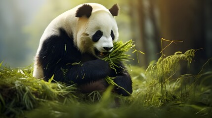 Fototapeta premium Panda in forest sitting and eating bamboo leaf.