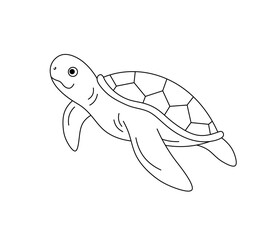 Vector isolated one single cute cartoon smiling happy sea turtle side view colorless black and white contour line easy drawing	