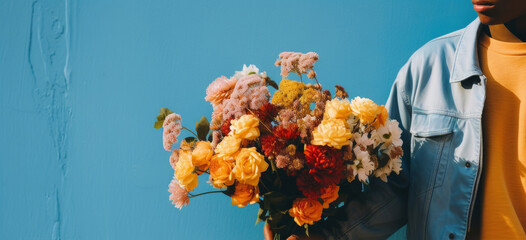 A person's hand is holding a large bouquet of flowers against a blue wall. The concept of congratulations