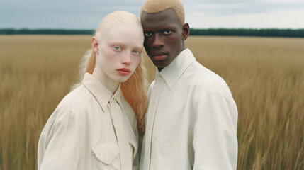 Two handsome young persons an African and an Albino, in light clothes are standing in a field and looking into the camera. The concept of fashion, ethnic and racial diversity