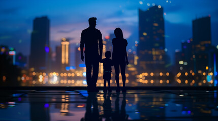 "Silhouette of a Family Bonding: Cityscape Backdrop with Glowing Night Lights Reflecting on Water"