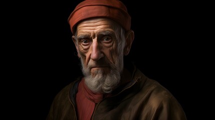Portraits of old man in 1400s century. Close up shot. on black background.