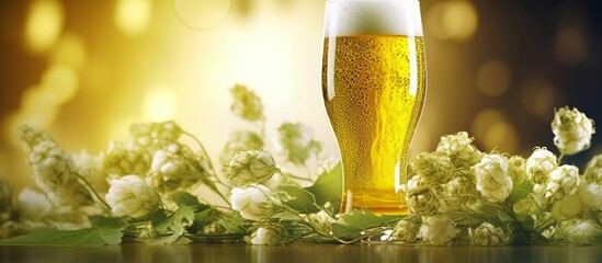 Close up shot of a fresh high quality gold foamy beer poured in a transparent glass on a background of collected biological hop flowers in plantation. - obrazy, fototapety, plakaty