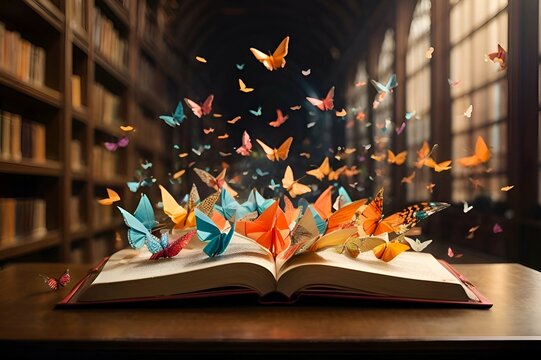Knowledge and fantasy concept featuring an open book with colorful origami butterflies taking flight. A library setting enriches the scene, inspiring discovery and learning.