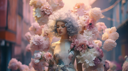 Portrait of a beautiful woman surrounded by flowers. Minimalistic creative fashion concept.