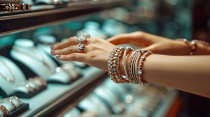 Various bracelets in women's hands at a jewelry store - obrazy, fototapety, plakaty