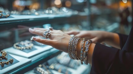 Various bracelets in women's hands at a jewelry store - obrazy, fototapety, plakaty